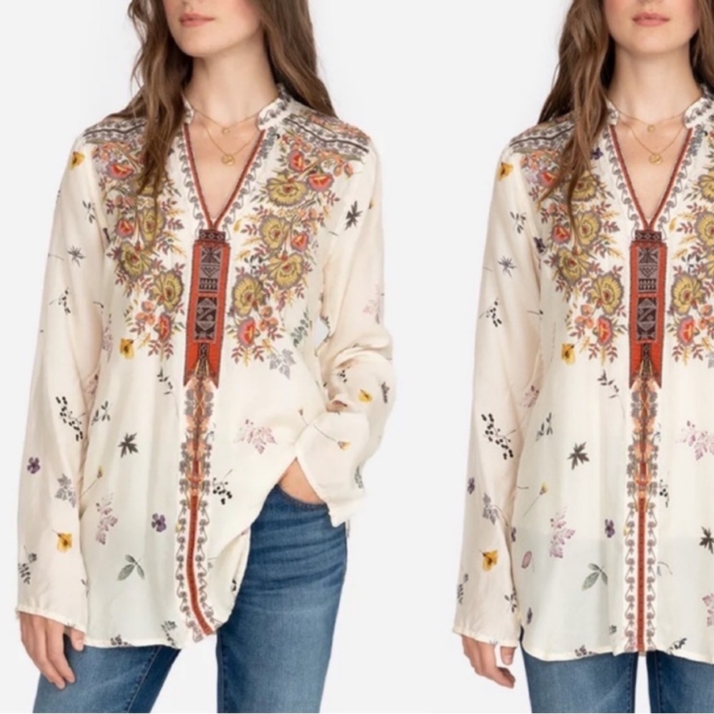 Johnny Was Cream Floral Embroidered V-Neck Tunic